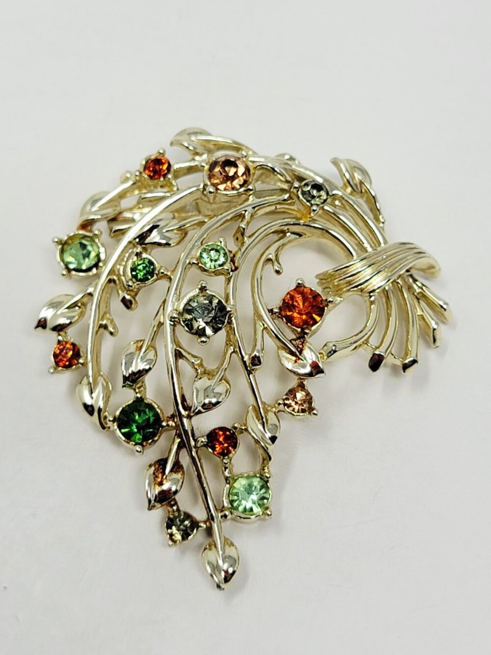 Vintage Coro Gold Tone Rhinestone Floral Spray Brooch Multicolor Pin